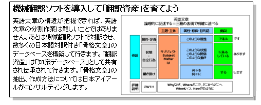 機械翻訳ソフトを導入して「翻訳資産」を育てよう 英語文章の構造が把握できれば、英語文章の分割作業は難しいことではありません。あとは機械翻訳ソフトで対訳させ、数多くの日本語対訳付き「骨格文章」のデータベースを構築して行きます。「翻訳資産」は「知識データベース」として共有され伝承されて行きます。「骨格文章」の抽出、作成方法については日本アイアールがコンサルティングします。